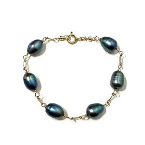 14K Gold Filled Large Black Pearl Station Bracelet 7.5”